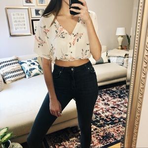 Boutique Boho White and Floral Crop Top Blouse